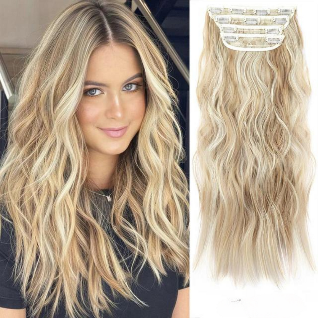 Lange, gewellte, lockige Clip-in-Haarverlängerungen (4 Stück) 