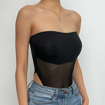 Ärmelloser, rückenfreier Tube-Bodysuit aus festem Netzstoff 