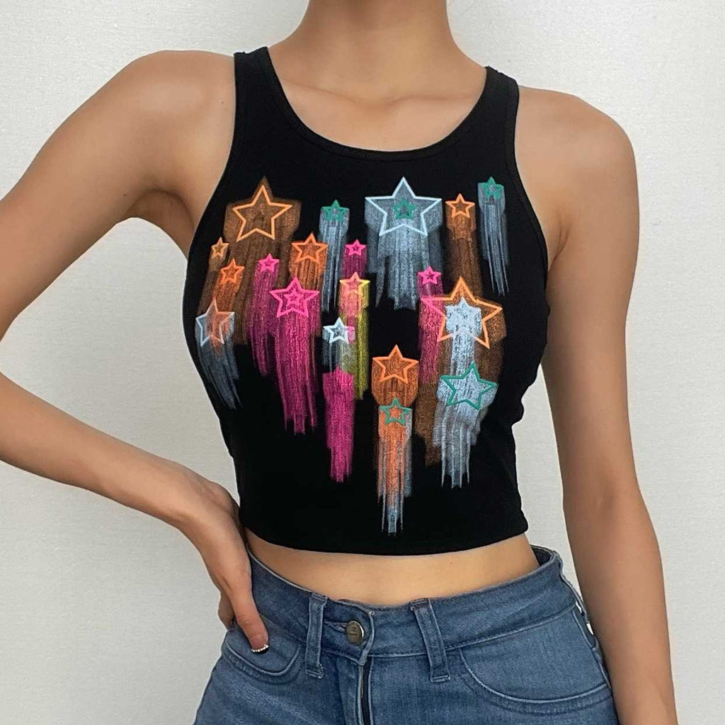 Star pattern sleeveless buckle contrast crop top