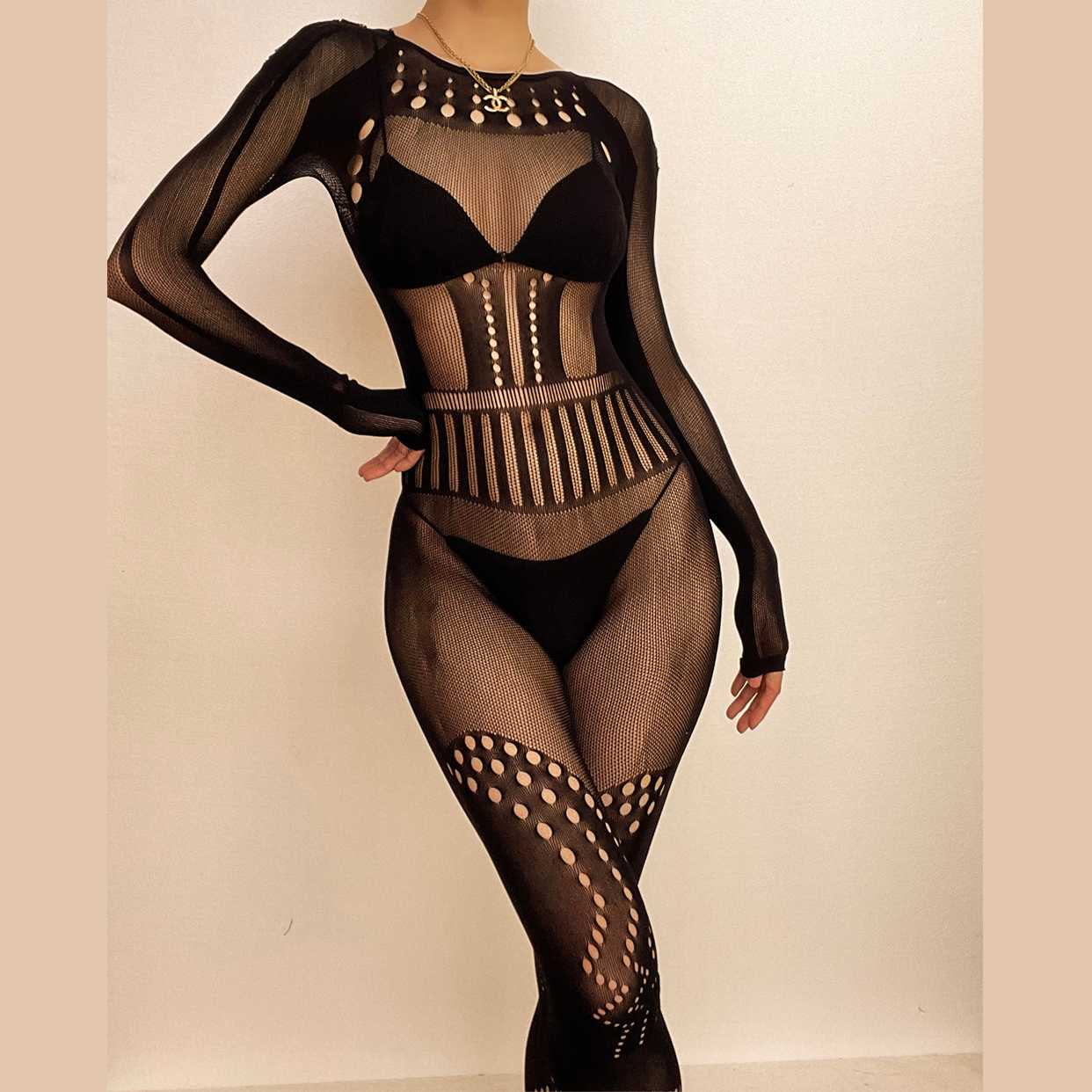 Fishnet long sleeve hollow out backless solid see through jumpsuit