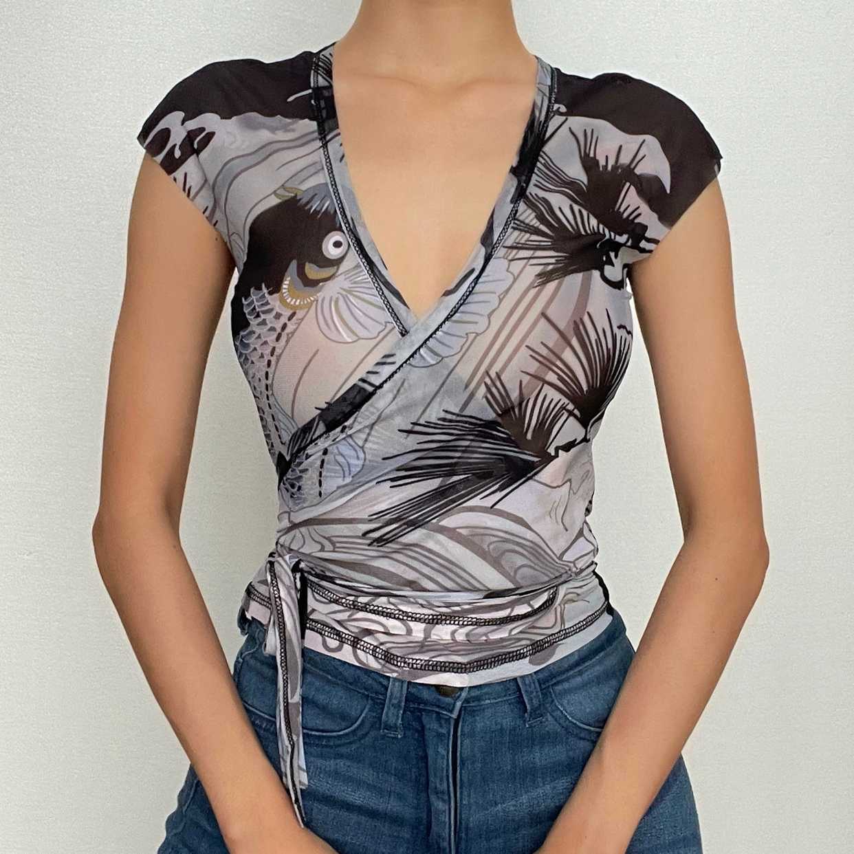 Sheer mesh see through contrast v neck self tie cap sleeve crop top