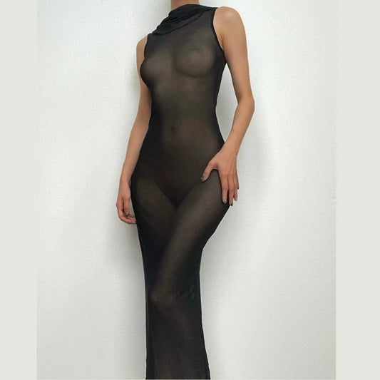 Ärmelloses Maxikleid mit Kapuze und transparentem Netzstoff