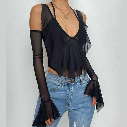 Sheer mesh ruffled v neck cross front long flared sleeve bodysuit