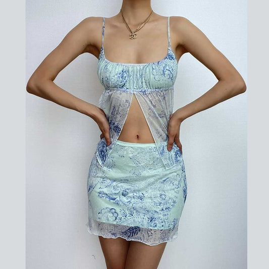 Mesh abstract print square neck slit backless cami mini skirt set