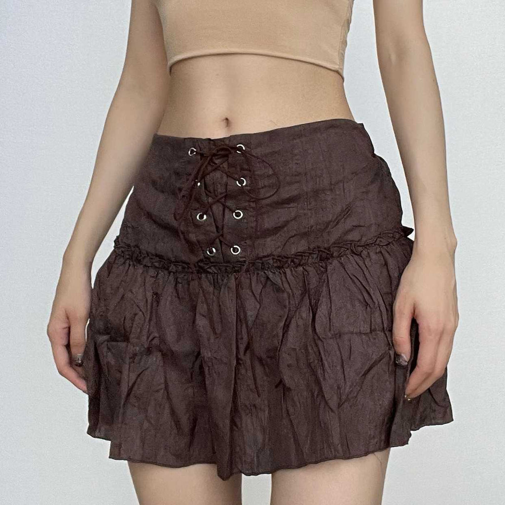 Ruffle lace up ruched self tie solid A line mini skirt