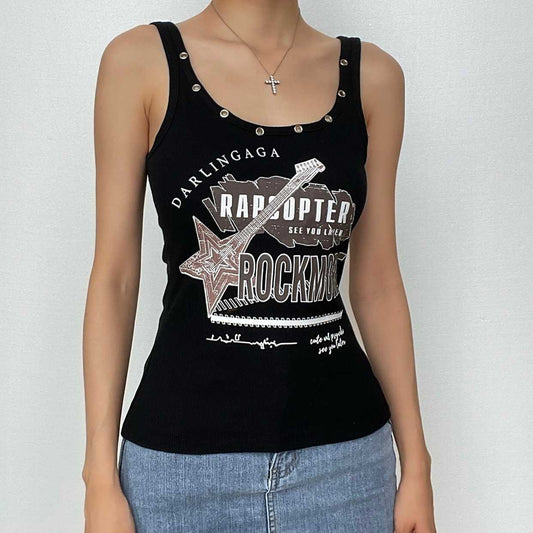 Top senza maniche con scollo a U e motivo "ROCKMORE" a coste 
