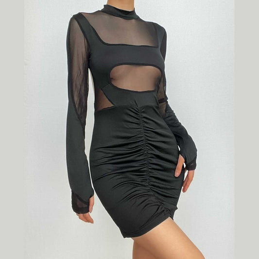 Transparentes Netzstoff-Minikleid mit durchsichtigen Handschuhen, langen Ärmeln, hohem Halsausschnitt und rückenfreiem, gerüschtem Schnitt 