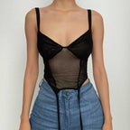 Mesh sleeveless solid backless v neck crop top