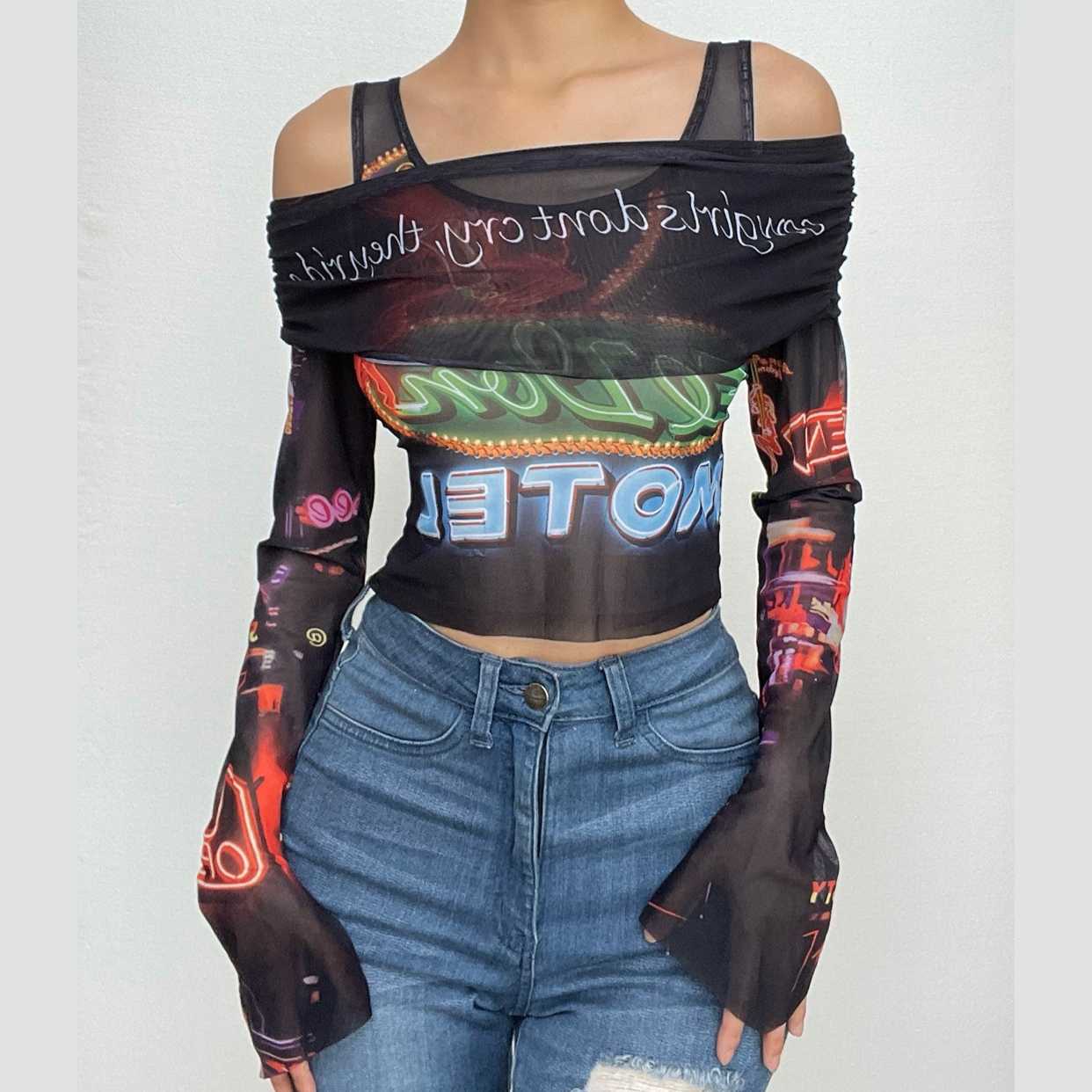 Contrast sheer mesh abstract ruched 2 piece long sleeve crop top