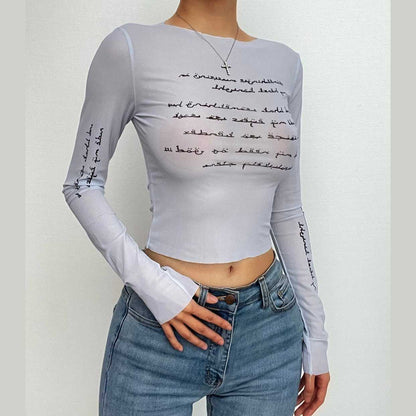 Langärmliges, durchsichtiges Crop-Top aus transparentem Netzstoff mit Kontrastdruck 