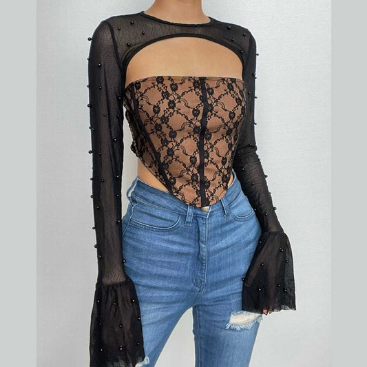 Top in 2 pezzi con corsetto con perline e maniche svasate in pizzo 