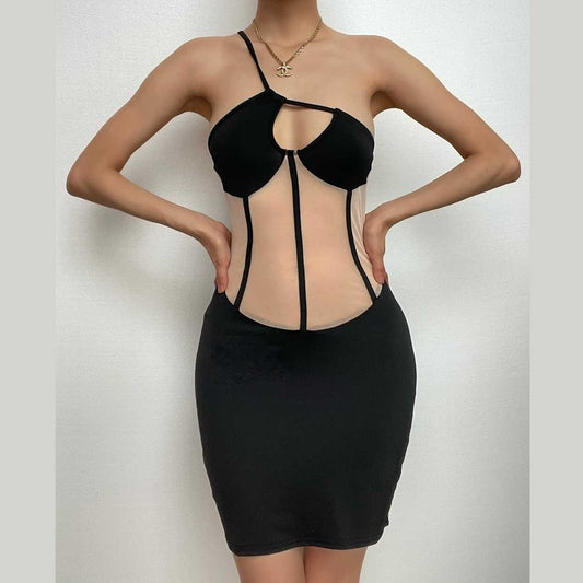 Mesh-Patchwork-Hohlkorsett mit einer Schulter und unregelmäßigem rückenfreiem Minikleid 