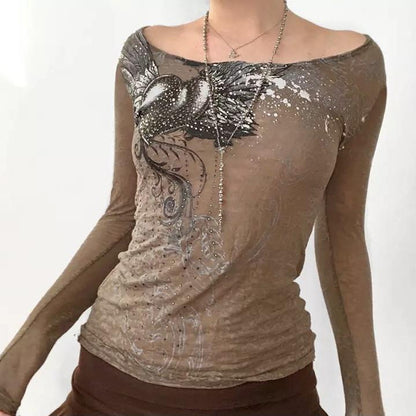 Bedazzled Y2K Brown Long Sleeve Top