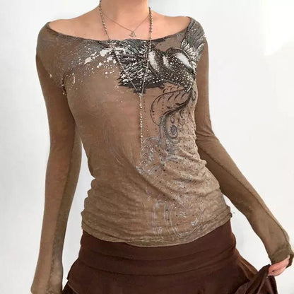 Bedazzled Y2K Brown Long Sleeve Top