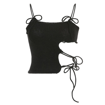 Peekaboo Crochet Tie-Up Top In Black Knit