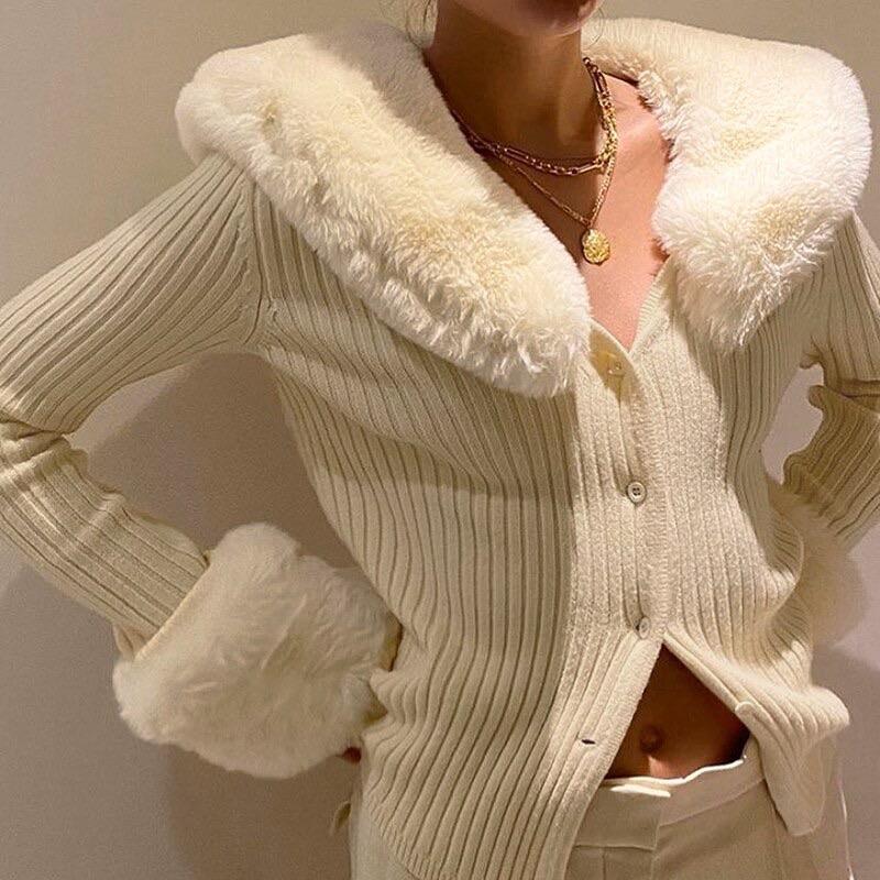 “Erika” Vintage Furry Cardigan In Cream