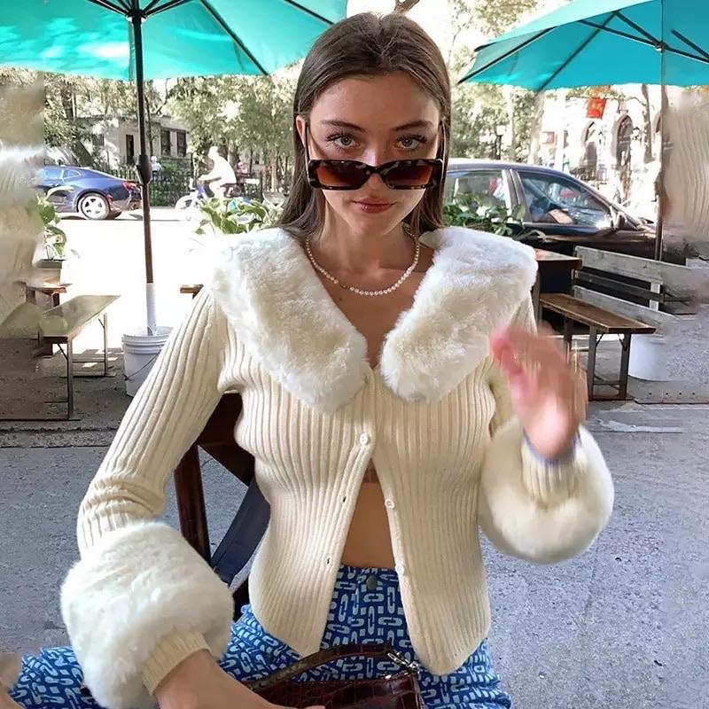 “Erika” Vintage Furry Cardigan In Cream