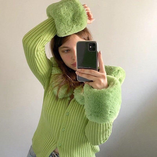“Erika” Vintage Furry Cardigan In Green