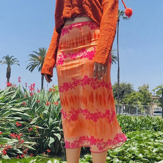 “ Hawaiian” Y2K Midi Skirt Mesh Print In Orange