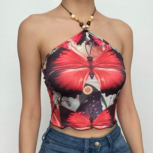 Butterfly pattern beaded contrast ruffle halter crop top