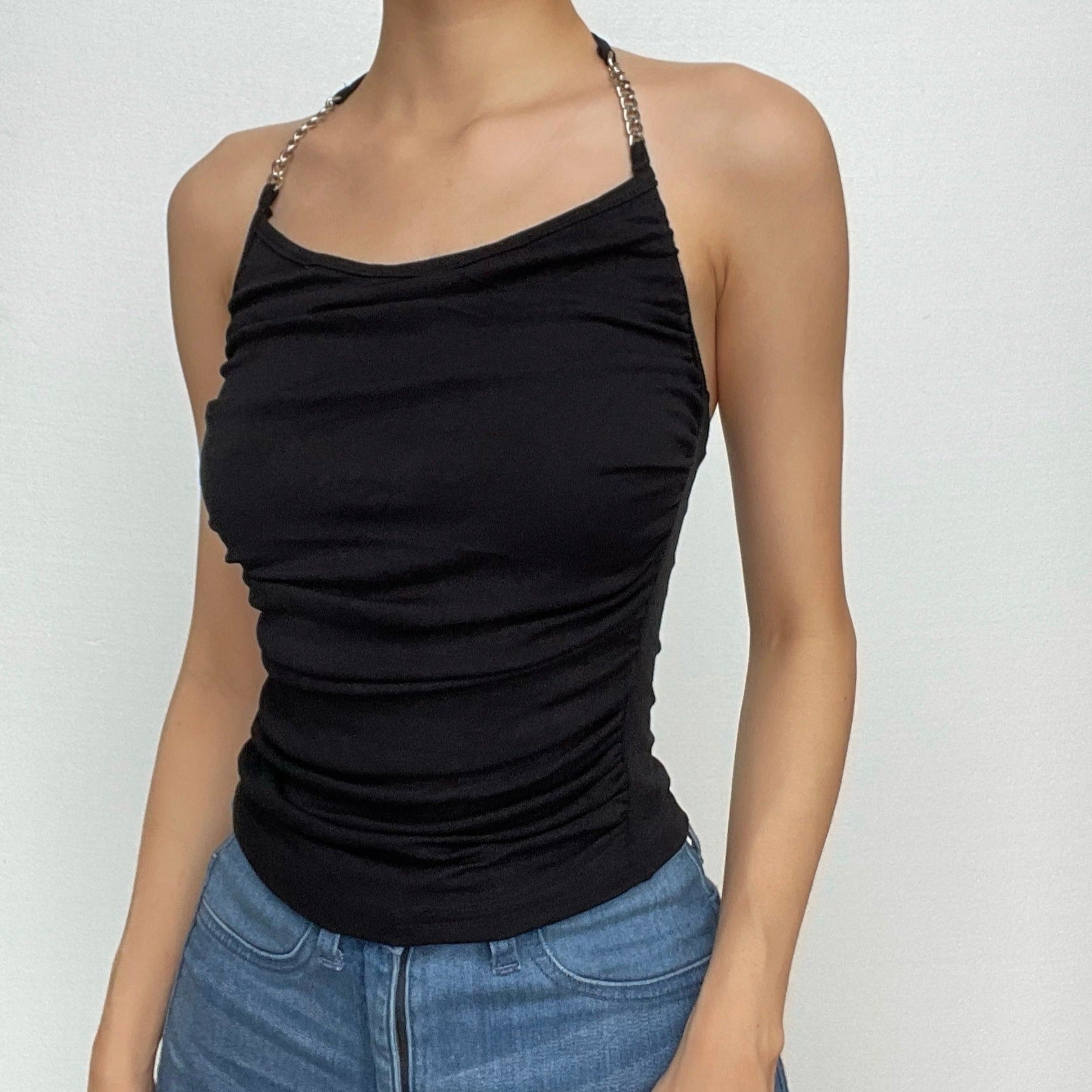 Metal chain halter ruched solid backless top