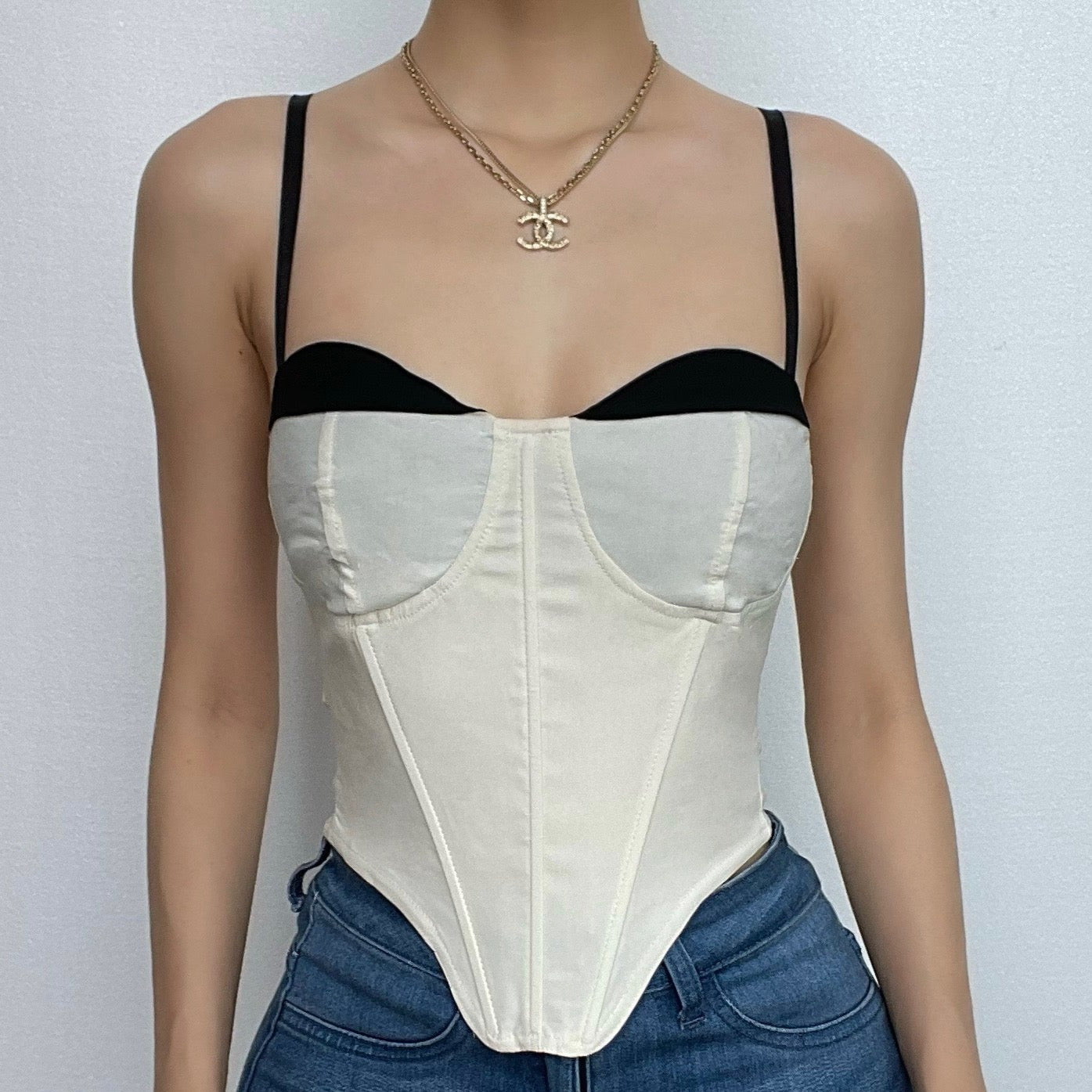 Corset patchwork sweetheart neck contrast backless cami top