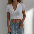 “Mia” Vintage Ribbed Collared Top (Colors Available)