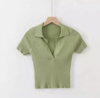 “Mia” Vintage Ribbed Collared Top (Colors Available)