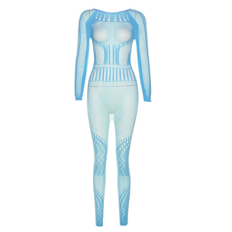 Fishnet long sleeve hollow out backless solid see through jumpsuit