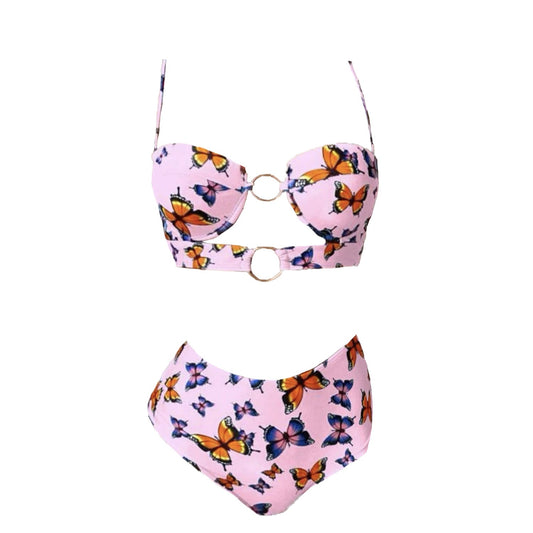 Costume da bagno bikini imbottito con canotta traforata e motivo a farfalla 