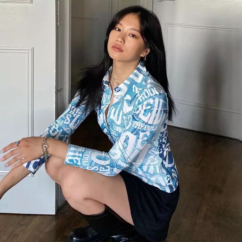 “Y2K All Over” Letters & Denim Print Fitted Button Up