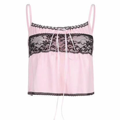 Y2K Babydoll Cami In Pink With Lace Insert