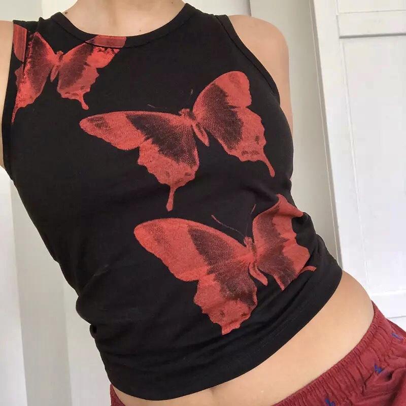 Y2K Butterflies Fitted Cami Tank In Black