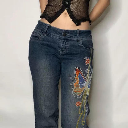 “Y2K Icon” Low Rise Jeans With Vintage Butterfly Embroidery