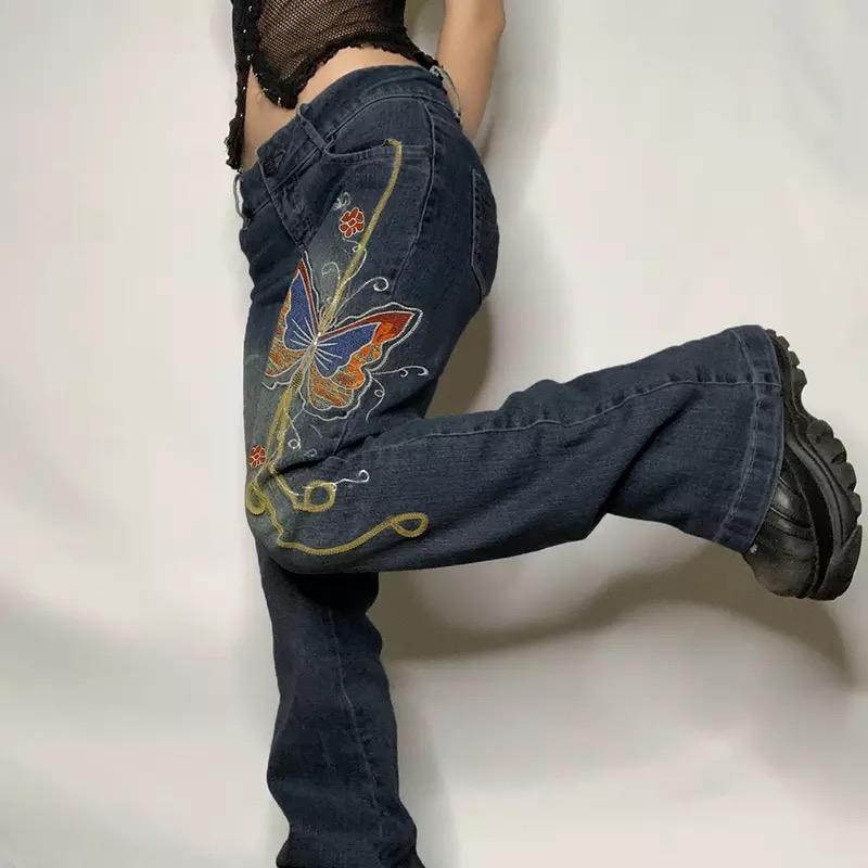 “Y2K Icon” Low Rise Jeans With Vintage Butterfly Embroidery