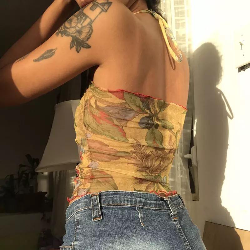 Y2K Mesh Halter Top In Vintage Floral