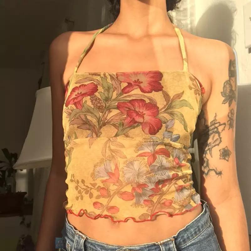 Y2K Mesh Halter Top In Vintage Floral