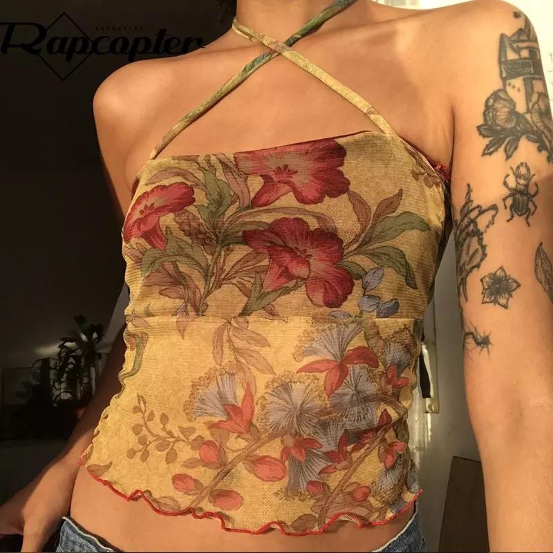 Y2K Mesh Halter Top In Vintage Floral