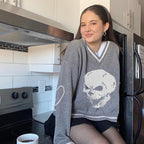 Y2K Skull Knit V Neck Sweater - Gray