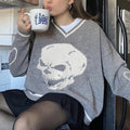 Y2K Skull Knit V Neck Sweater - Gray