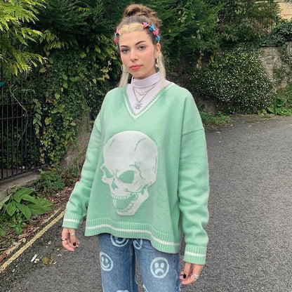 Y2K Skull Strickpullover mit V-Ausschnitt - Grün