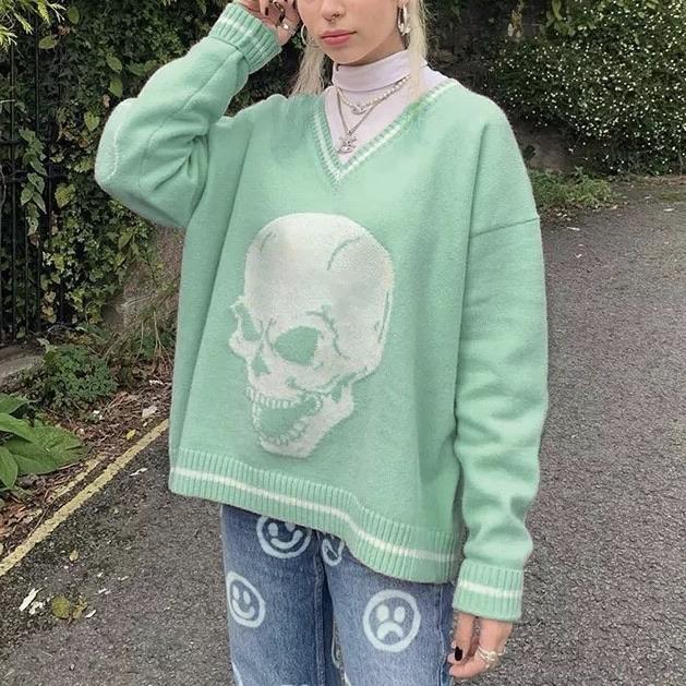 Y2K Skull Knit V Neck Sweater - Green