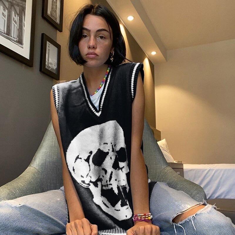 Y2K Skull Knit V Neck Vest - Black
