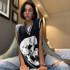Y2K Skull Knit V Neck Vest - Black