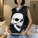 Y2K Skull Knit V Neck Vest - Black