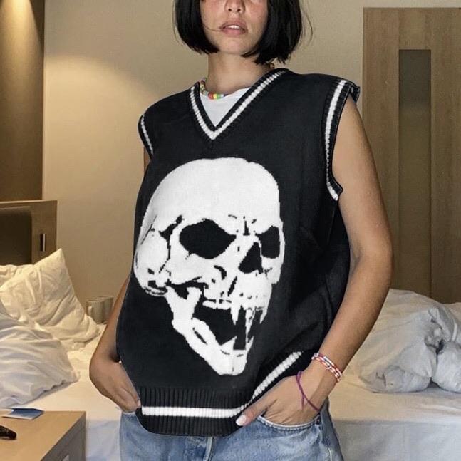 Y2K Skull Knit V Neck Vest - Black
