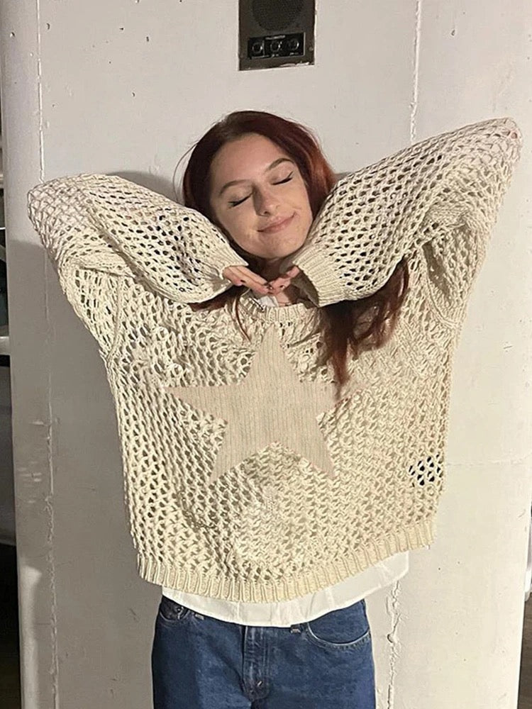 Maglione all'uncinetto con stella Y2K in crema