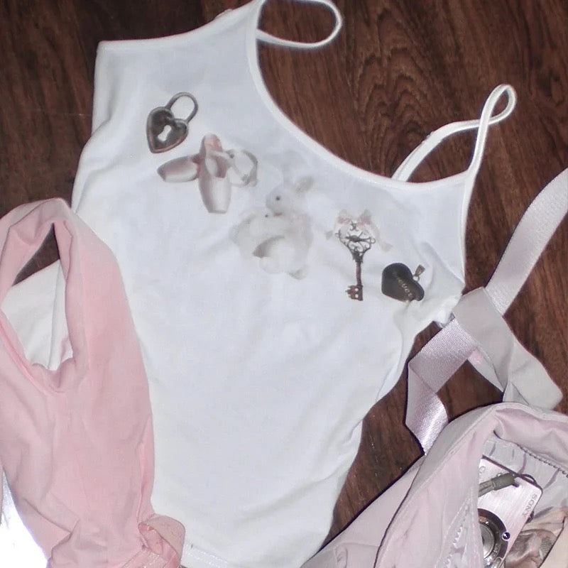 Ballet-Core Fairy Imagery Tank Top In White