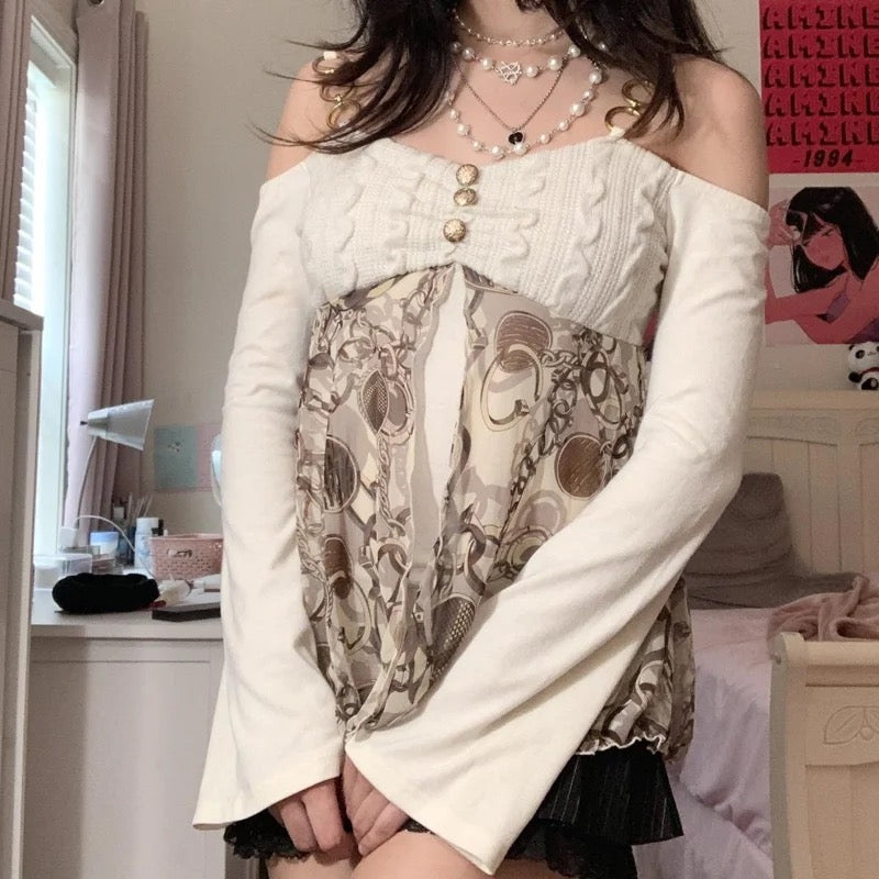 “Groovy Baby” Y2K Off Shoulder Long Sleeve Top With Mesh Overlay