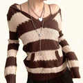 Y2K Grunge Knit Sweater In Brown & Beige Stripes
